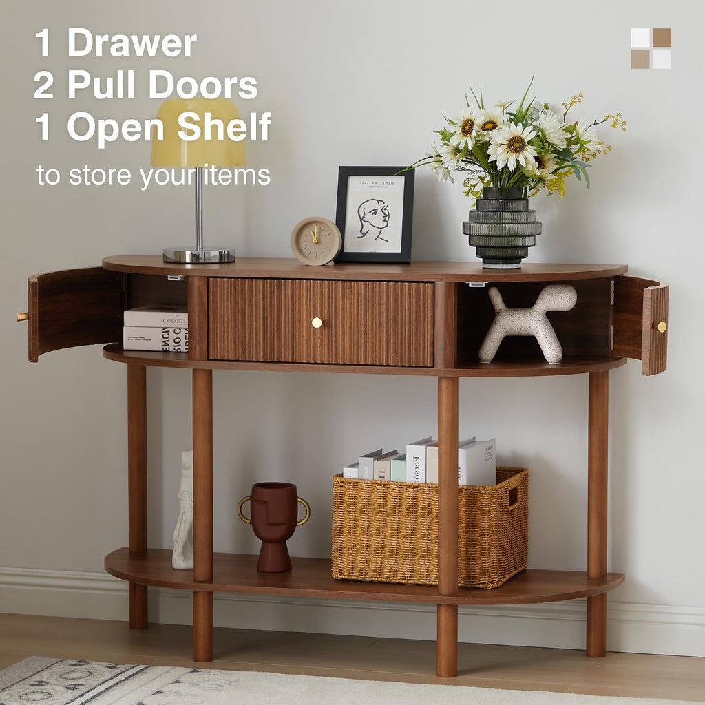 XUZENEST 43.3' Fluted Half Moon Console Table, Modern Entryway Console Sofa Table with Storage, Narrow Wood Accent Tables Behind Couch Tables for Living Room, Hallway, Foyer(Walnut)