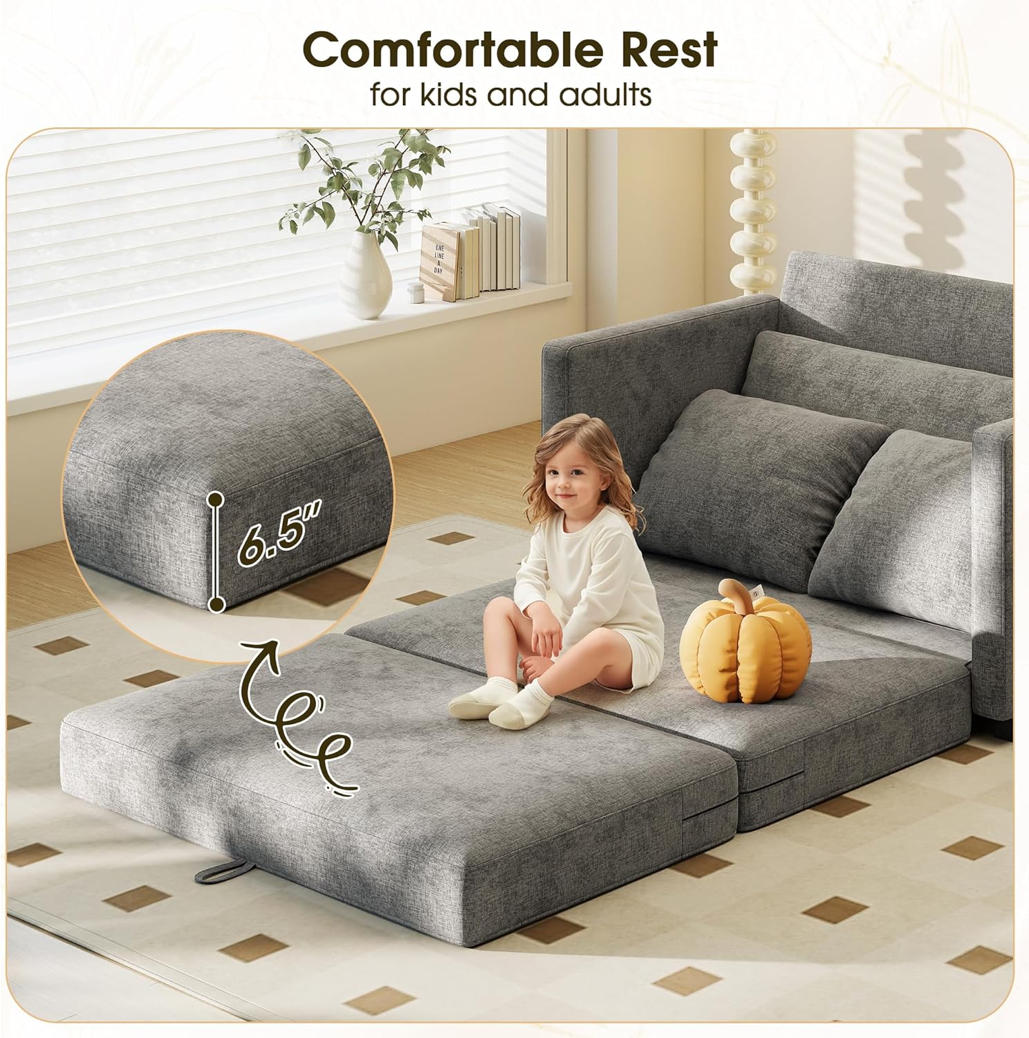 Myroyalsit 51' Convertible Sofa Bed, 2 in1 Folding Sofa Bed, Loveseat Sleeper Sofa for Small Spaces, Fold Out Floor Couch with 2 Pillows for Apartment, Living Room & Guest Room, Grey Chenille Fabric