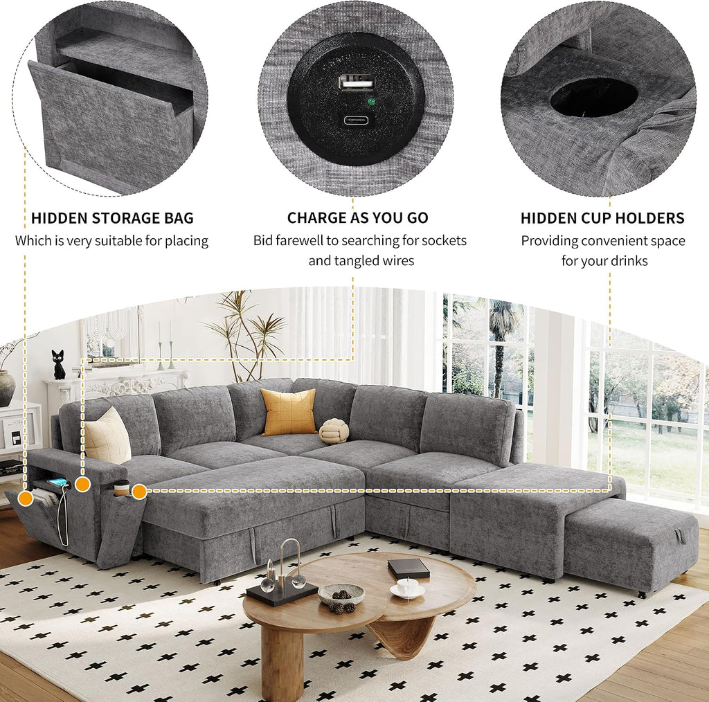 LUMISOL 90' Convertible Sleeper Sofa Bed with Ottoman, L-Shaped Sectional Sofa Bed with USB Ports, Cup Holders & Storage, Modular Sofa Pull Out Couch Bed with Storage Chaise for Living Room, Gray