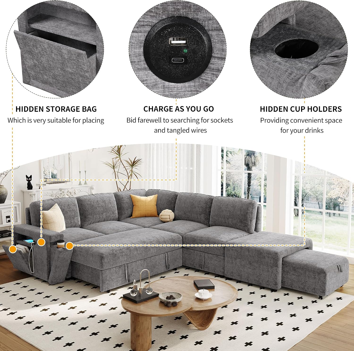 LUMISOL 90' Convertible Sleeper Sofa Bed with Ottoman, L-Shaped Sectional Sofa Bed with USB Ports, Cup Holders & Storage, Modular Sofa Pull Out Couch Bed with Storage Chaise for Living Room, Gray