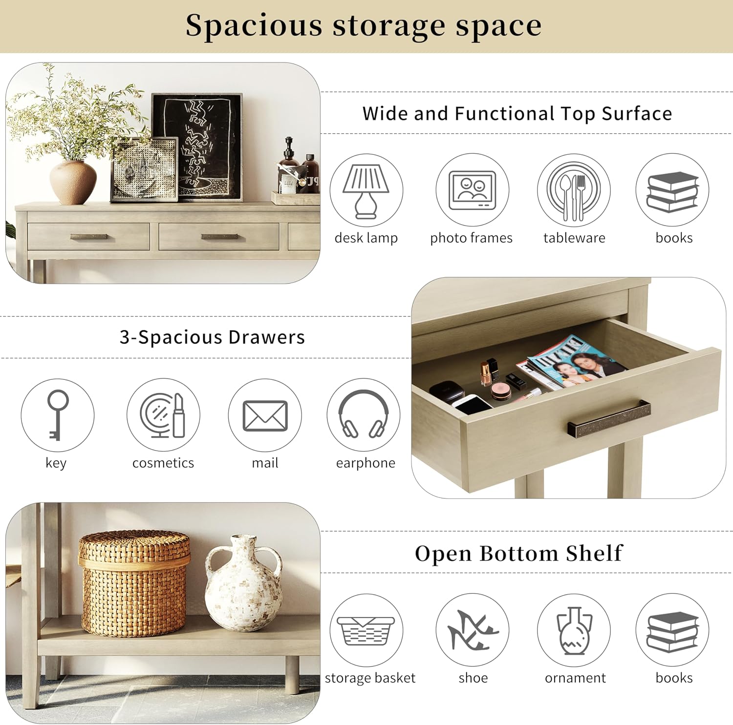 Merax Entryway Console Table with Storage, 3 Drawers Design/Wood Frame/Behind Couch & Sofa, Grey