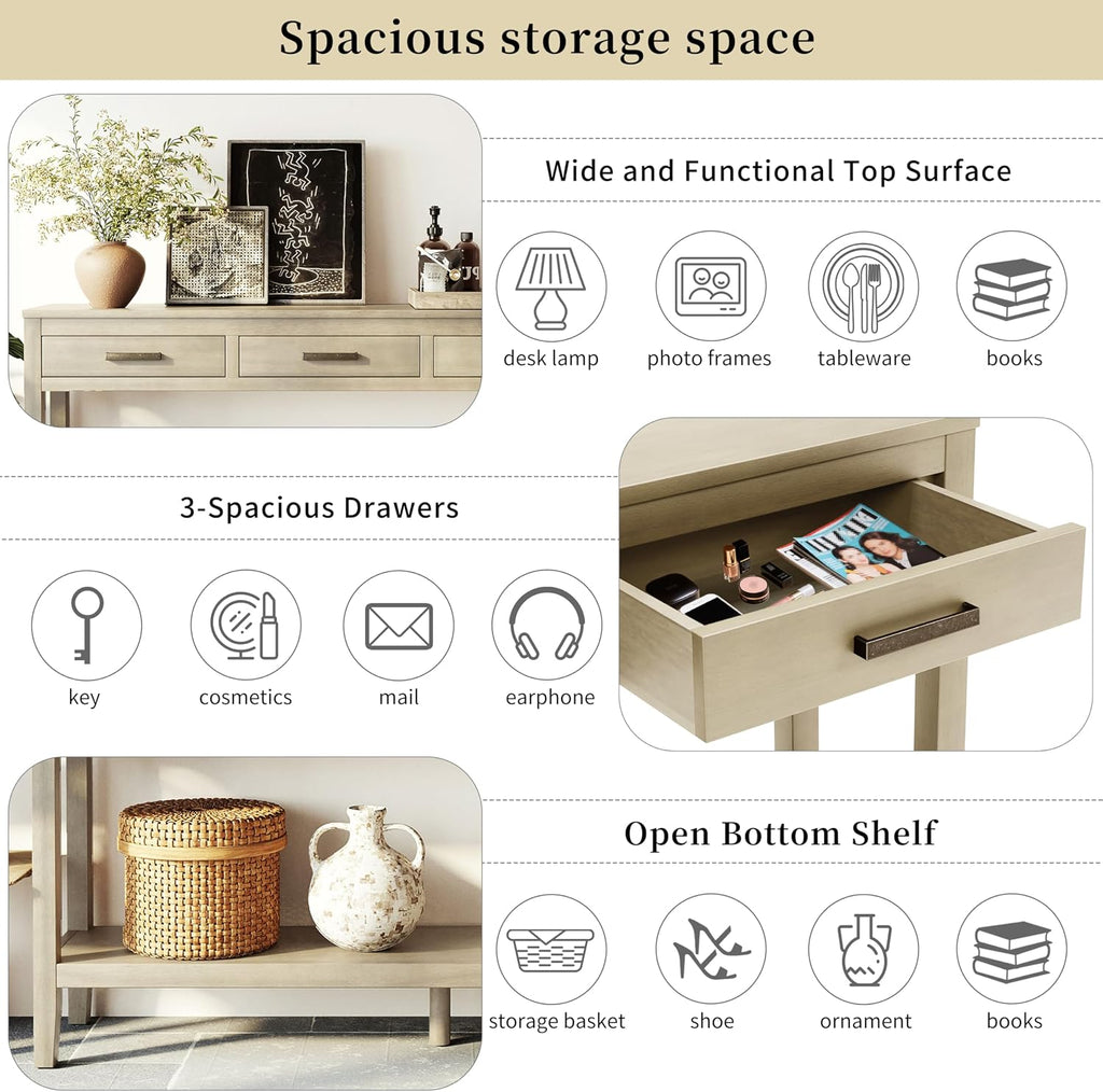 Merax Entryway Console Table, with 3 Storage Drawers, Bottom Shelf Design/Wood Frame/Behind Couch & Sofa, Grey