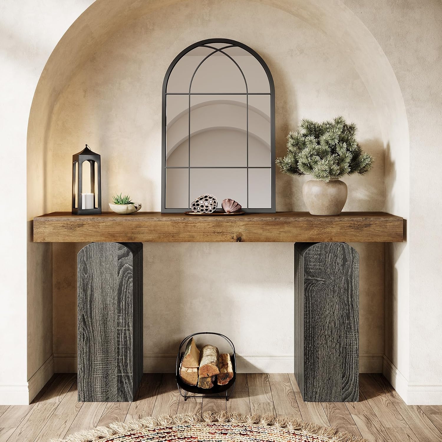 Tribesigns 63' Long Entryway Table, Farmhouse Console Table with 2 Arched Pedestal Legs, Wooden Sofa Console Behind The Couch for Entrance, Hallway, Living Room (Vintage Brown & Grey)