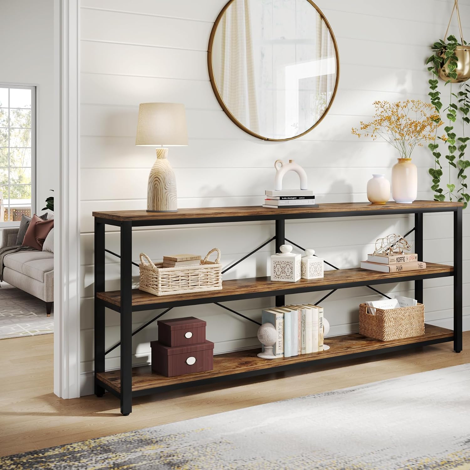Tribesigns 70.9-Inch Extra Long Console Table, 3-Tier Industrial Sofa Table with Metal Frame, Modern Behind Couch Table with Storage Shelves for Living Room Entryway Hallway Foyer (Brown and Black)