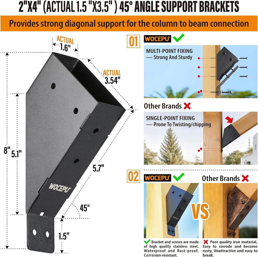 8pack 45 Degree Angle Support Bracket, for 2x4 (Actual 1.5''x3.5'') Pergolas, Gazebos, Decks, Porches, Cabins Elevated Wood Support Kit (Frosted-Black)