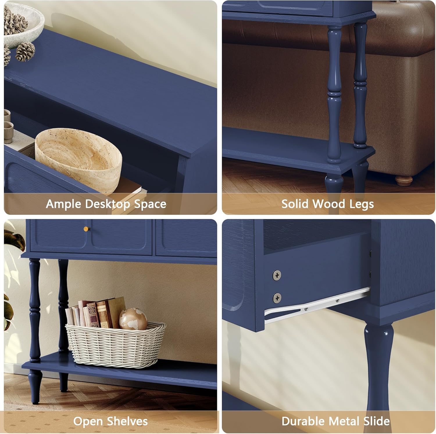 ARTPOWER Console Table with Drawers for Entryway, Mid-Century Entryway Table with Storage, Blue Narrow Entryway Table with Open Shelf Behind Sofa for Living Room, Foyer, Hallway