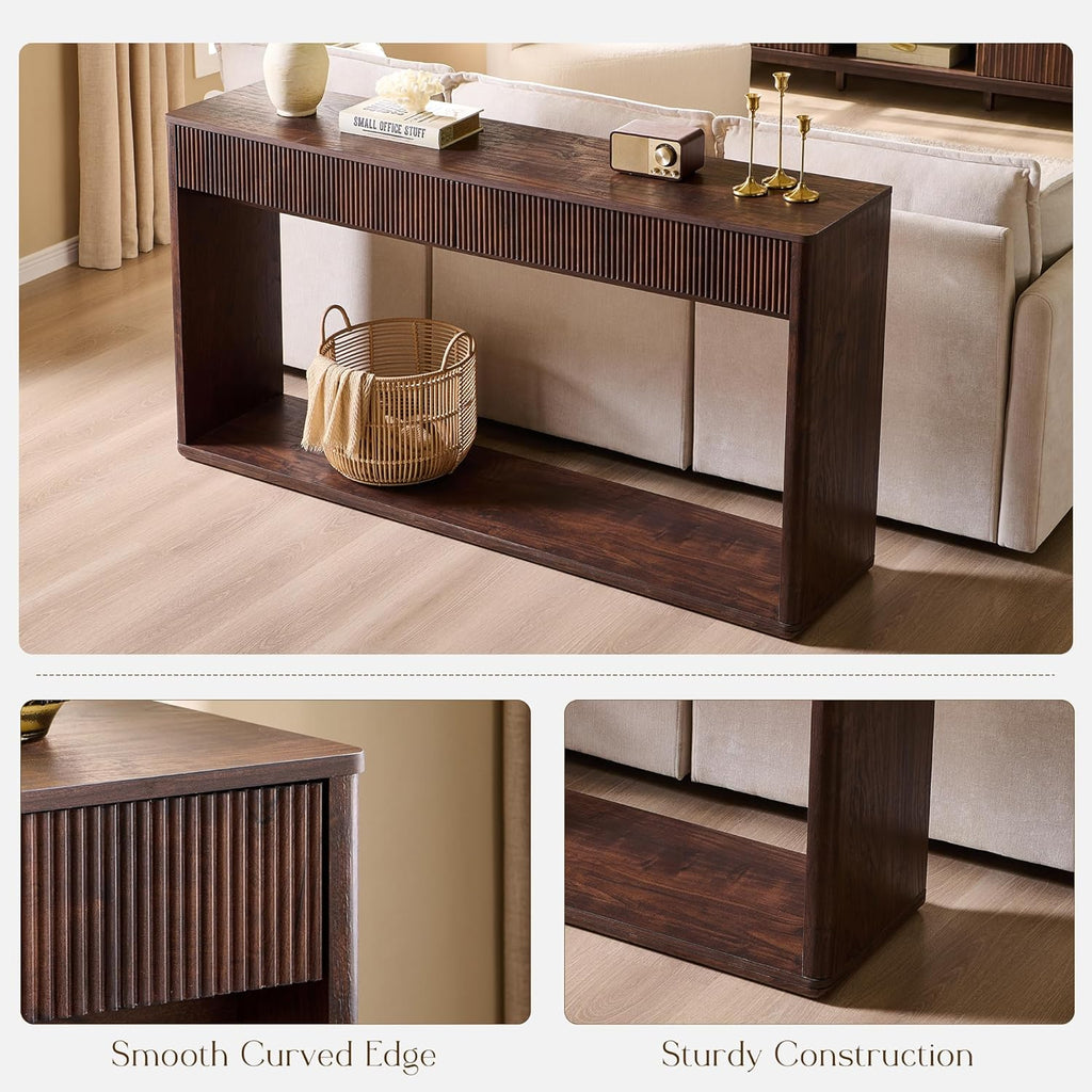 OKD 63' Fluted Console Table for Entryway, Modern Entryway Table with 2 Large Drawers, Long Sofa Table Behind Couch for Living Room, Hallway, Couch, Foyer，Dark Walnut