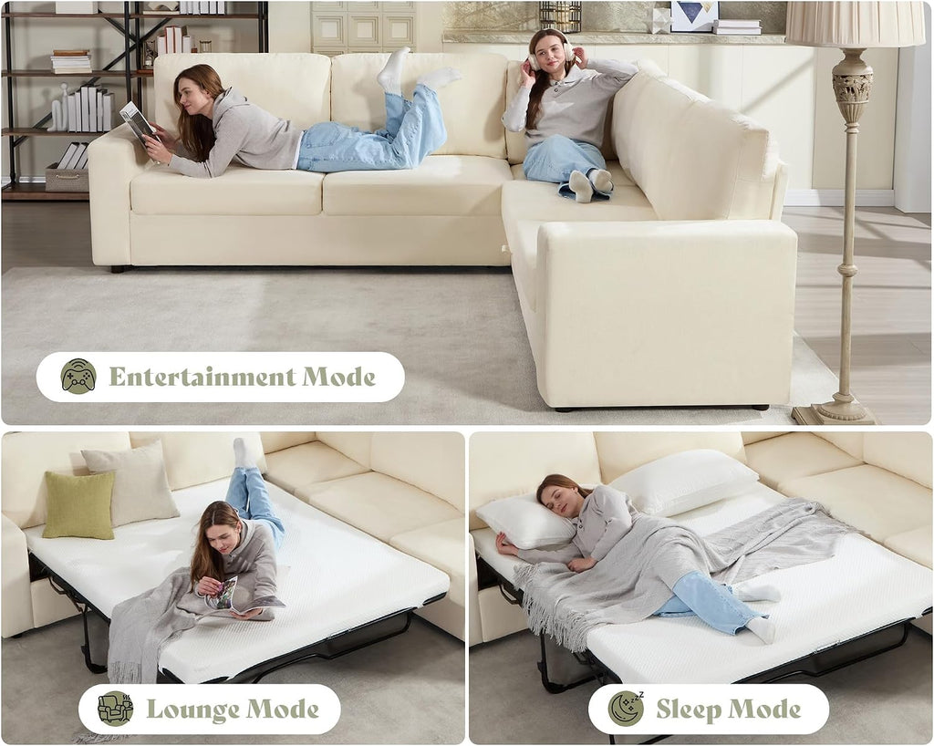 AMERLIFE 106' Oversized Sofa Bed, Sectional Sleeper Sofa with Pull Out Bed, 3 in 1 Convertible Sofa Bed, L Shaped Couch with Storage, High Resilience Mattress, Chenille Beige