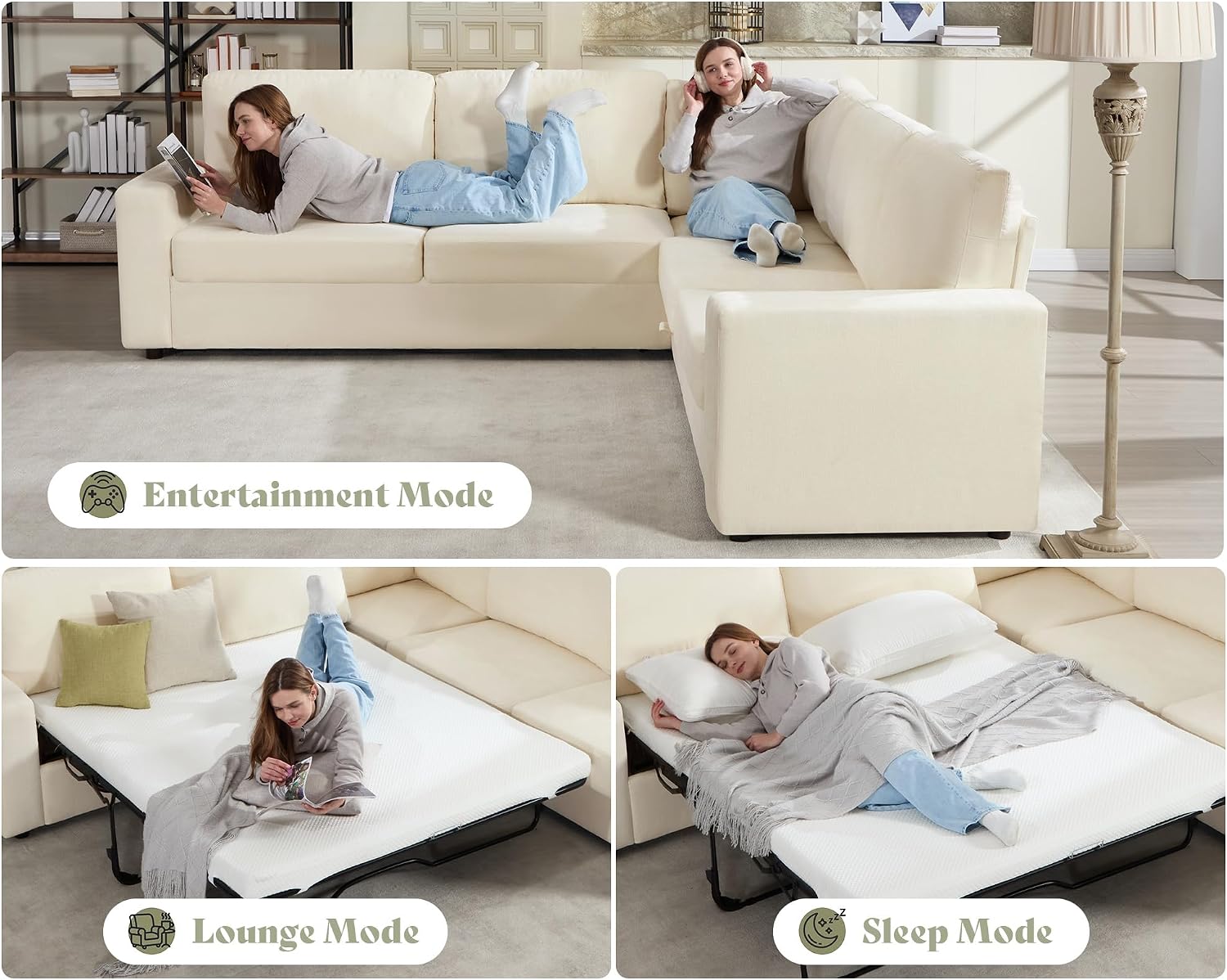 AMERLIFE 106' Oversized Sofa Bed, Sectional Sleeper Sofa with Pull Out Bed, 3 in 1 Convertible Sofa Bed, L Shaped Couch with Storage, High Resilience Mattress, Chenille Beige