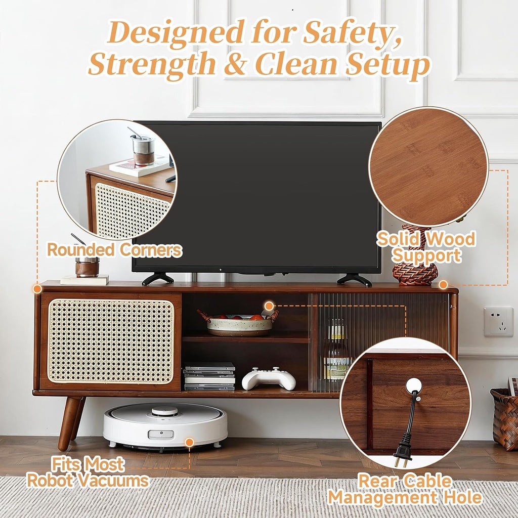 Tiita Rattan TV Stand for 55 Inch TV, Bamboo TV Cabinet with Adjustable Shelf and Storage, Boho Entertainment Center, Mid Century Modern Media Console for Bedroom, Living Room, Study, Walnut