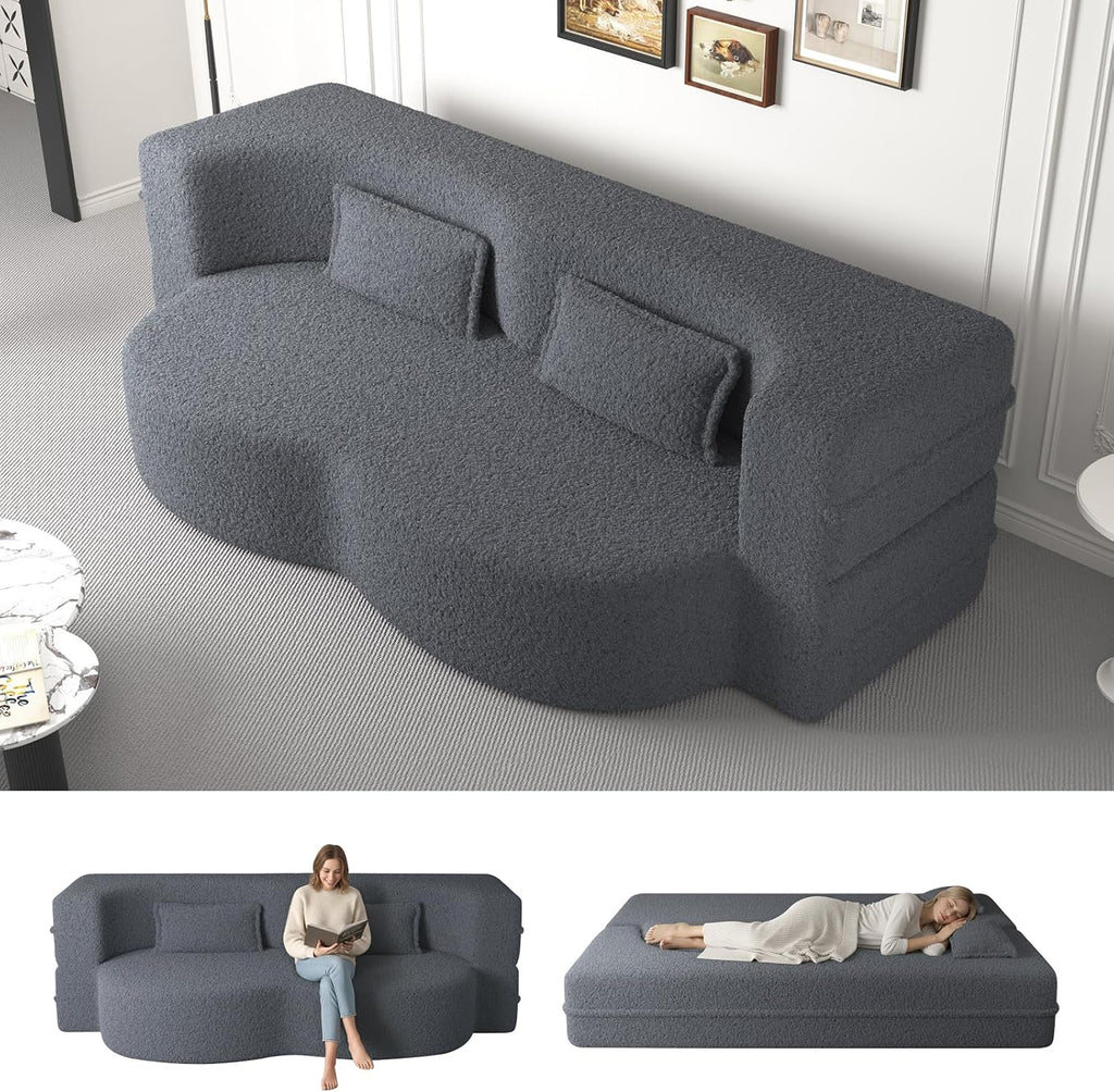 CAPCAEK Convertible Sleeper Sofa Bed,15' Thick Full Size Folding Floor Couch with 2 Pillows, Teddy Fabric Foam-Filled Futon Loveseat Couch for Living Room, Guest Use, Office, Apartmen (Grey)