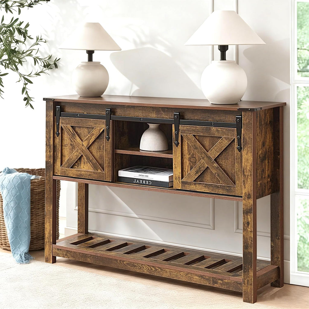 Brown Farmhouse Entryway Table, Rustic Hallway Table with Storage Shelf, Sofa Table with Sliding Barn Doors for Hallway, Entryway, Living Room, Foyer