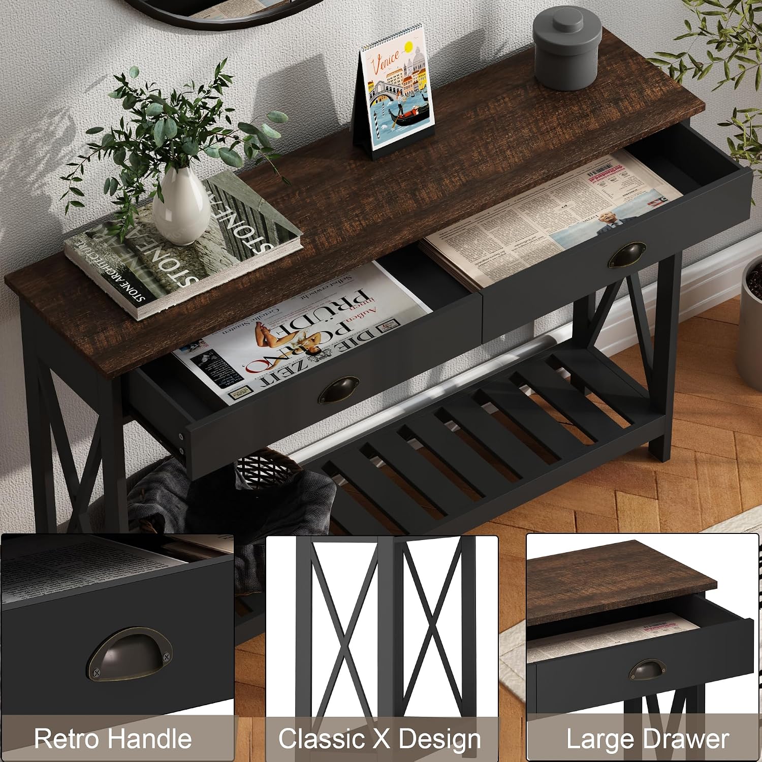 ChooChoo 47' Farmhouse Console Table with Drawer for Entryway, Narrow Long Entry Table with Shelf for Living Room, Rustic Vintage Hallway Sofa Table with Stable X Supports, Black