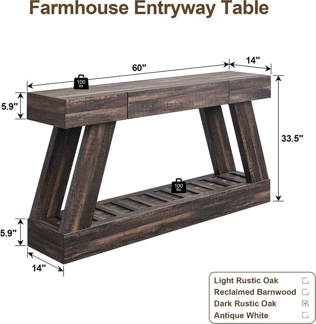 60' Farmhouse Entryway Table with Drawer, Entry Table with Storage, Sofa Table for Living Room, Behind Couch, Sofa(Dark Rustic Oak)