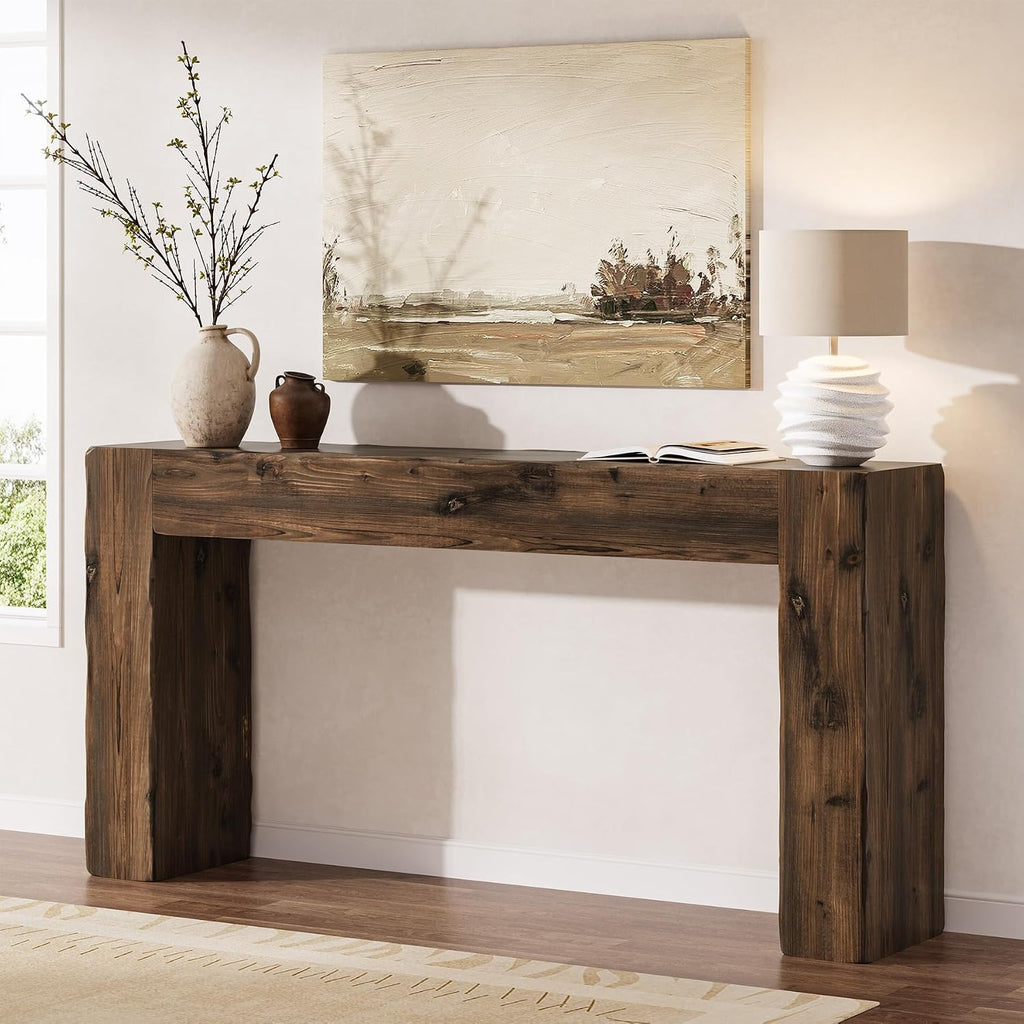 Solid Wood Console Table, 63-Inch Farmhouse Sofa Table Behind Couch for Entryway, Living Room, Foyer, Easy Assembly (Dark Brown)