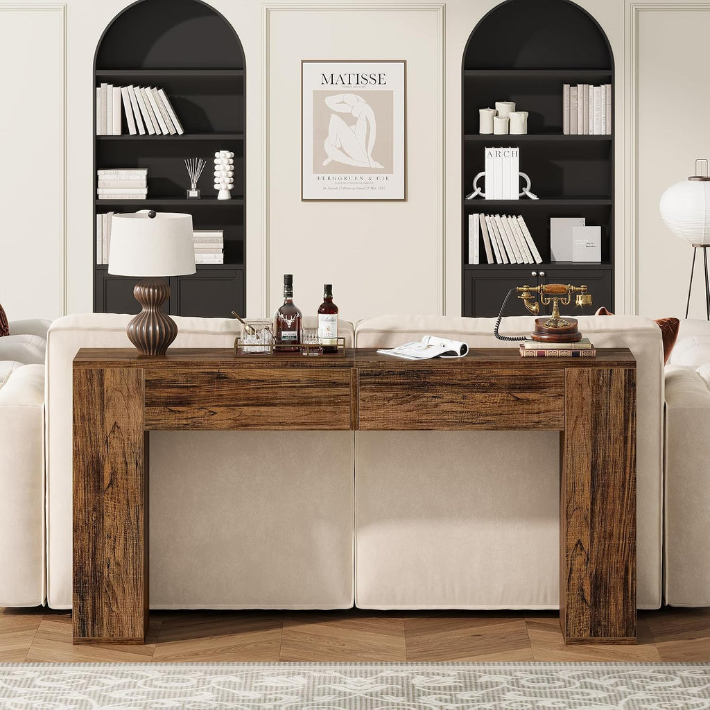 Farmhouse Console Table with LED Light and 2 Drawers, 55 inch Long Sofa Table Behind Couch, Narrow Entry Table for Entryway, Hallway, Entrance, Living Room (Rustic Brown)