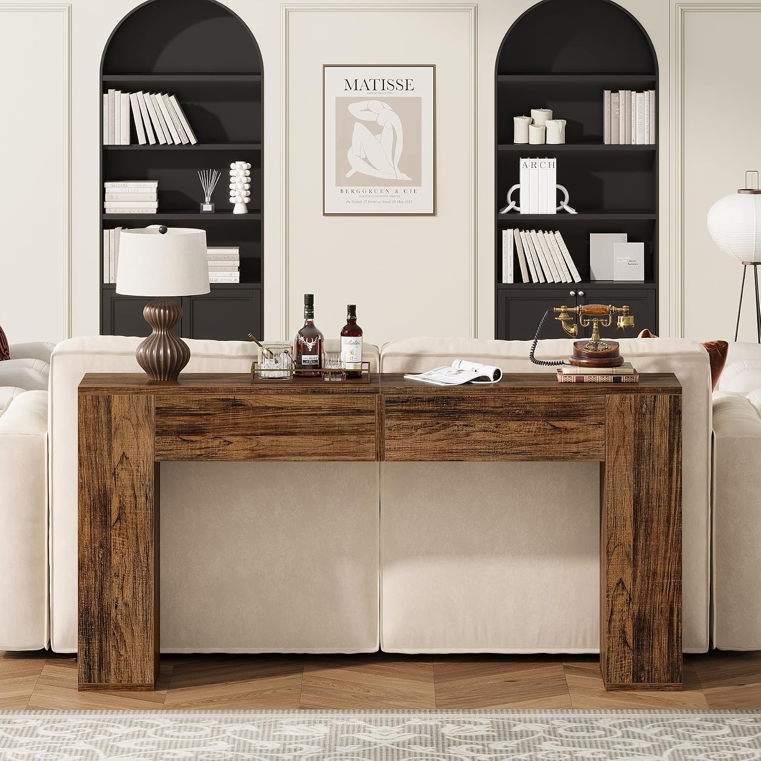 Farmhouse Console Table with LED Light and 2 Drawers, 55 inch Long Sofa Table Behind Couch, Narrow Entry Table for Entryway, Hallway, Entrance, Living Room (Rustic Brown)