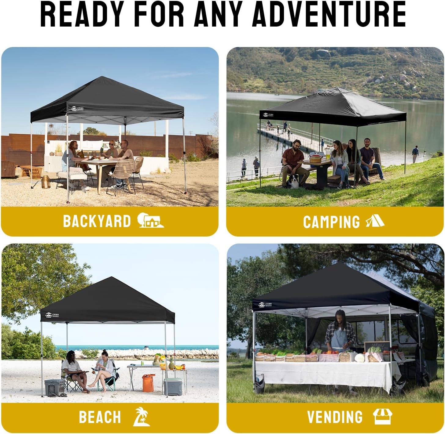 CROWN SHADES 8x8 Pop Up Canopy, Patented Center Lock One Push Instant Popup Outdoor Canopy Tent, Newly Designed Storage Bag, 8 Stakes, 4 Ropes, Silver-Coated Black