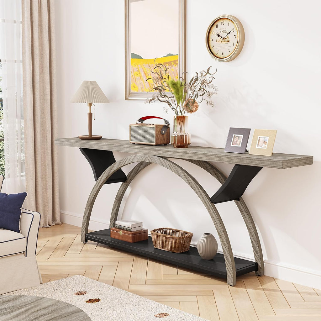 Tribesigns 70.87' Console Table with Storage Shelf, Narrow Long Sofa Table Behind Couch Table, 2-Tier Rustic Entryway Table with Half Moon Frame for Hallway Living Room, Gray & Black (Gray & Black)