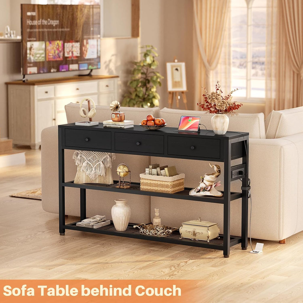 Ecopriso 47'' Entryway Table with Outlets and USB Ports, Console Table with 3 Drawers, Sofa Table Narrow Long with Storage Shelves for Living Room, Couch, Hallway, Foyer, Kitchen Counter, Black