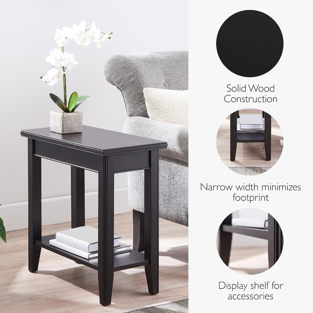 Leick Home Laurent End Table, Solid Wood, Bottom Display Shelf, Narrow, Easy-Assembly, for Living Room/Bedroom, Black, 24.0 in. L x 12.0 in. W x 24.0 in. H, 10505-BK