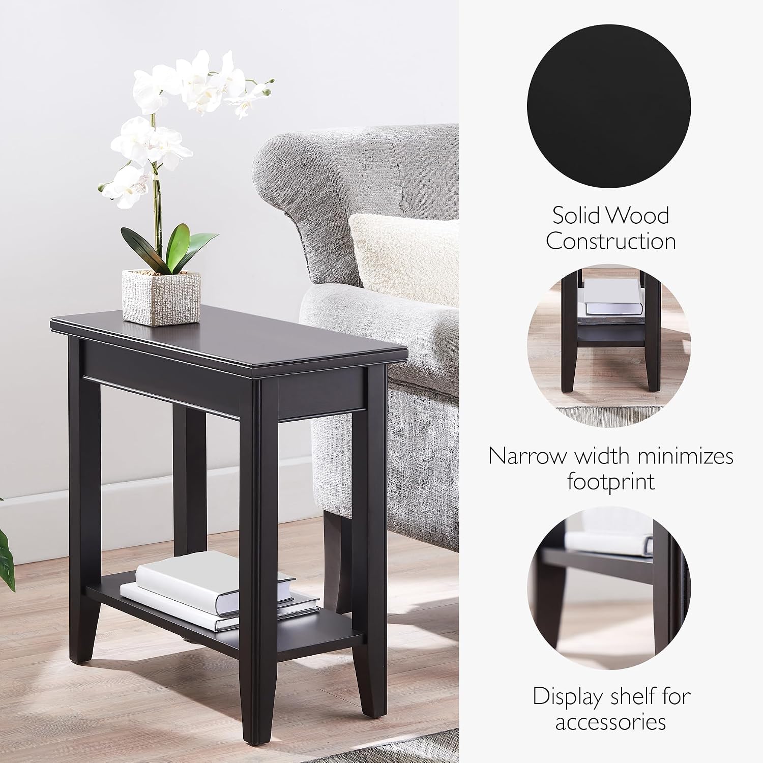 Leick Home Laurent End Table, Solid Wood, Bottom Display Shelf, Narrow, Easy-Assembly, for Living Room/Bedroom, Black, 24.0 in. L x 12.0 in. W x 24.0 in. H, 10505-BK