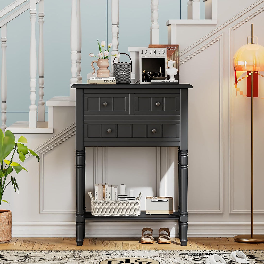 Merax Narrow Console Table, Elegant Slim Entryway Table Sofa Table with Three Storage Drawers and Bottom Shelf for Entryway for Hallway, and Living Room (Black)