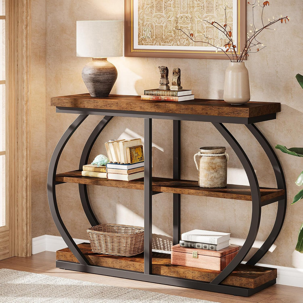 Tribesigns 41.3' Console Table, Industrial 3-Tier Entryway Table with Arched Metal Frame and Storage Shelves for Living Room, Hallway, Rustic Brown