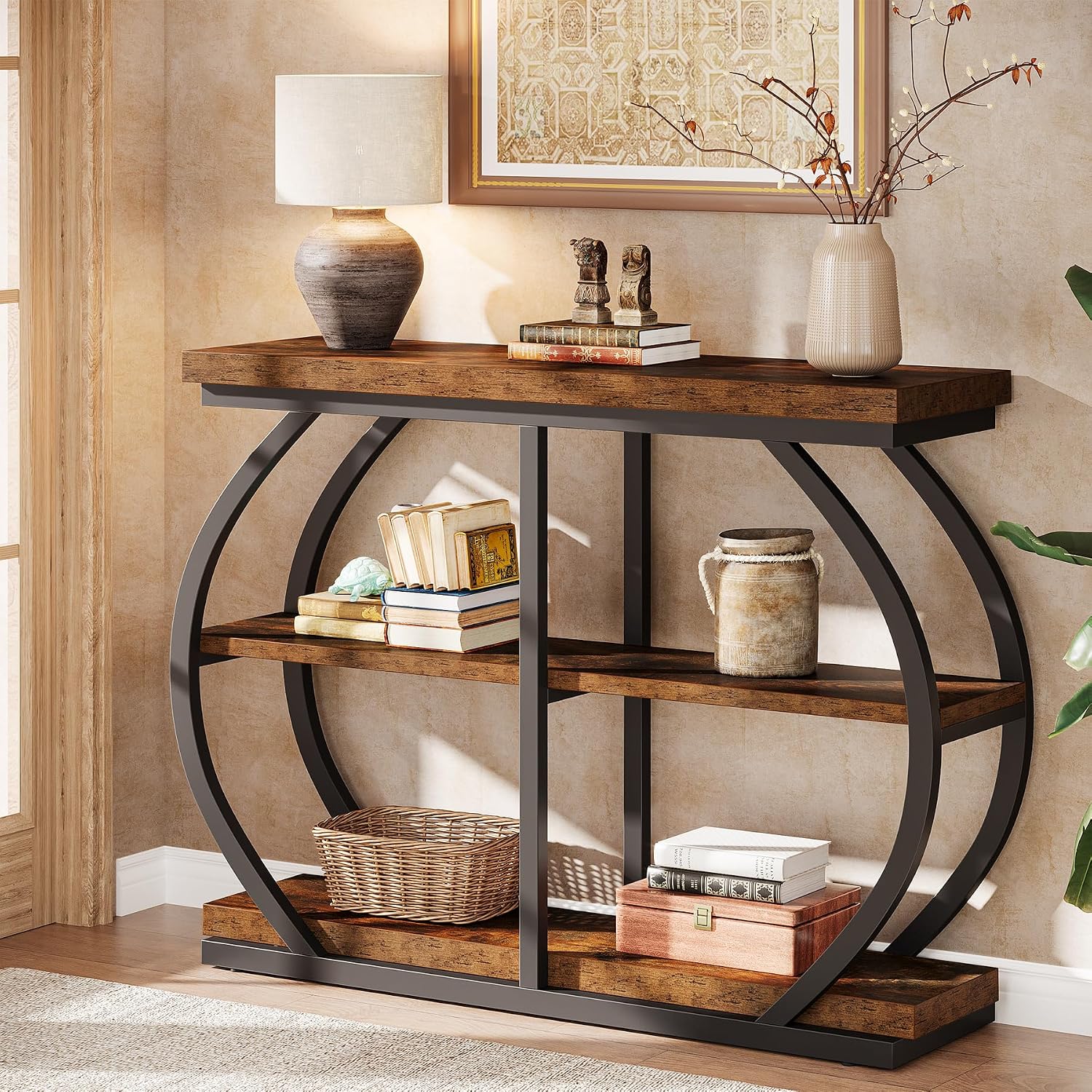 Tribesigns 41.3' Console Table, Industrial 3-Tier Entryway Table with Arched Metal Frame and Storage Shelves for Living Room, Hallway, Rustic Brown