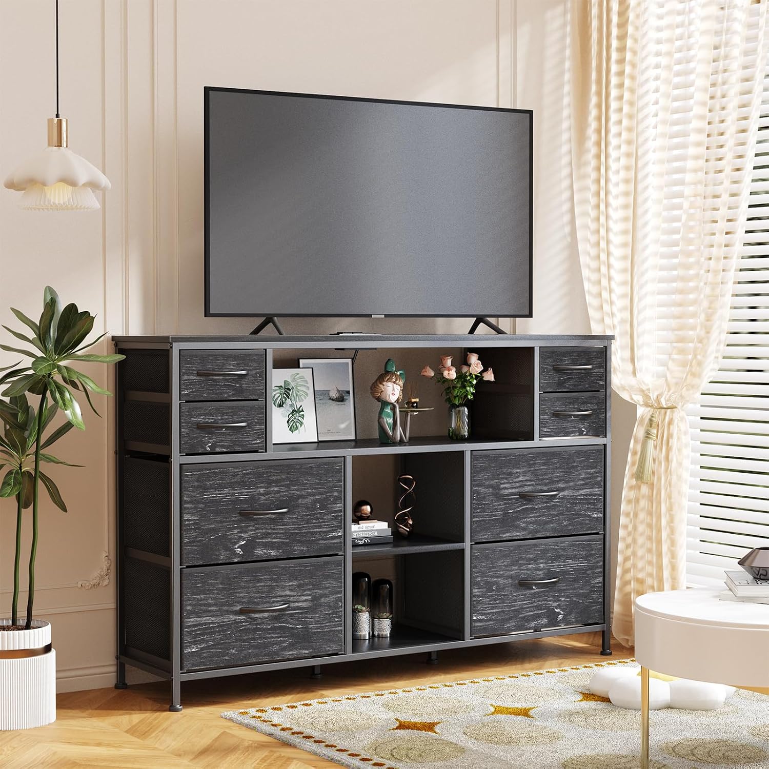 TV Stand Dresser Drawer for Bedroom - TV Stands for 45, 50, 55 inch TV - Entertainment Center Dressers with Charging Station, Drawers Dresser with Storage for Living Room, Nursery, Entryway - Black