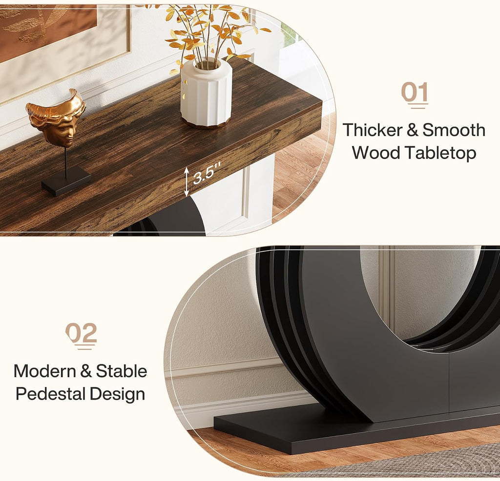 Tribesigns 63-Inch Console Sofa Table, Rustic Industrial Farmhouse Entryway Table, Narrow Long Couch Console Behind Sofa with Black Circle Base for Living Room Hallway, Rustic Brown