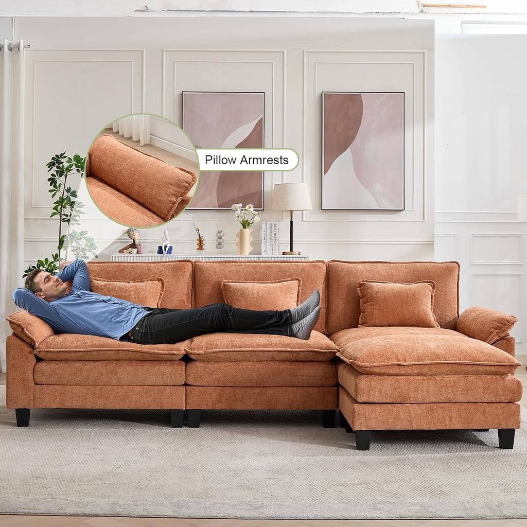 Oprisen 120' Modular Sectional Sofa, Comfy Cloud Couch Sectional Sofa with Ottoman, Chenille Sofa Sleeper Deep Seat Sofa with Throw Pillows for Living Room (Orange, 120'- L Shape)