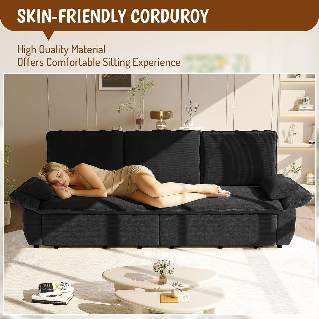 94.5'' King Size Sleeper Sofa Bed, 3-in-1 Corduroy 3-Seater Sofabed, Pull-Out Couch, Upholstered Cloud Pullout Futon, Space Saving for Living Room, Black