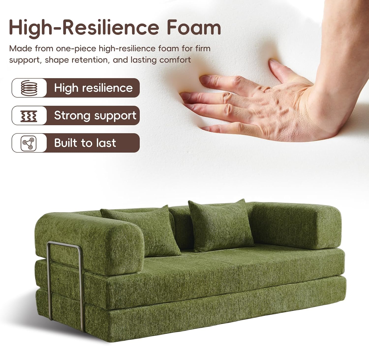 5-in-1 Convertible Folding Sofa Bed, 79' Queen Chenille Boneless Couch with Removable Armrests, No Assembly Loveseat Sleeper Sofa, Modular Futon Couch for Living Room & Bedroom, Green