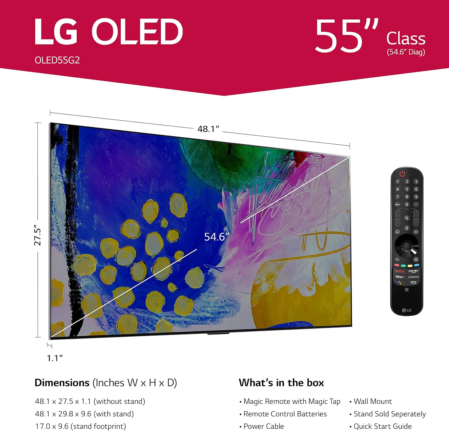 LG 55-Inch Class OLED evo Gallery Edition G2 Series Alexa Built-in 4K Smart TV, 120Hz Refresh Rate, AI-Powered, Dolby Vision IQ and Atmos, WiSA Ready, Cloud Gaming (OLED55G2PUA, 2022)