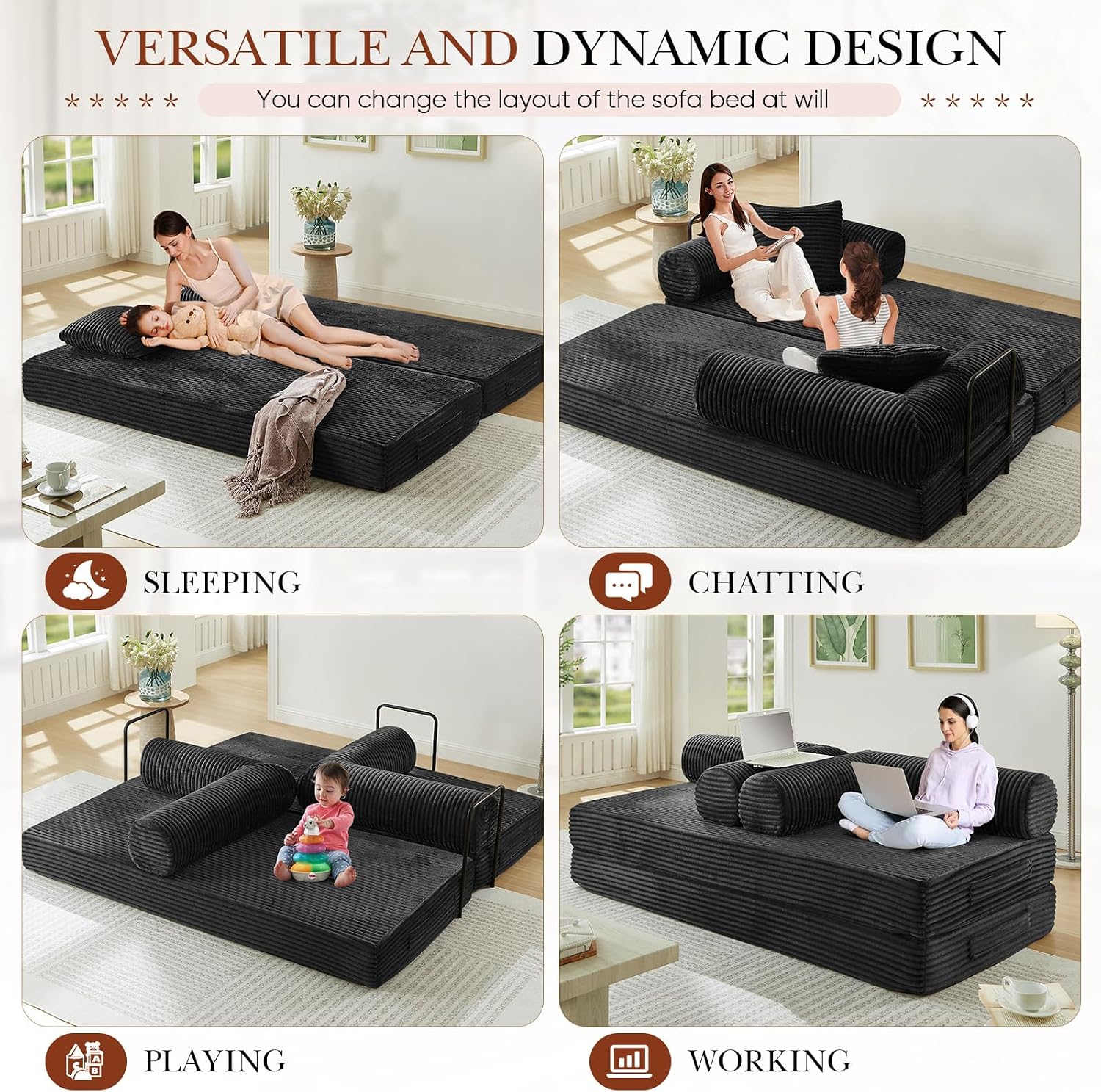 Antetek Modular Couch Bed, Convertible Folding Plush Corduroy Comfy Floor Compression Loveseat Sleeper Sofa Couch, King Size Bed for Guest Room Living Room Bedroom, No Assembly Required, Black