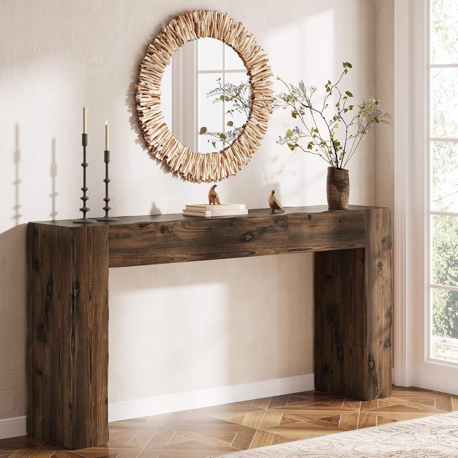 Solid Wood Console Table, 63-Inch Farmhouse Sofa Table Behind Couch for Entryway, Living Room, Foyer, Easy Assembly (Dark Brown)