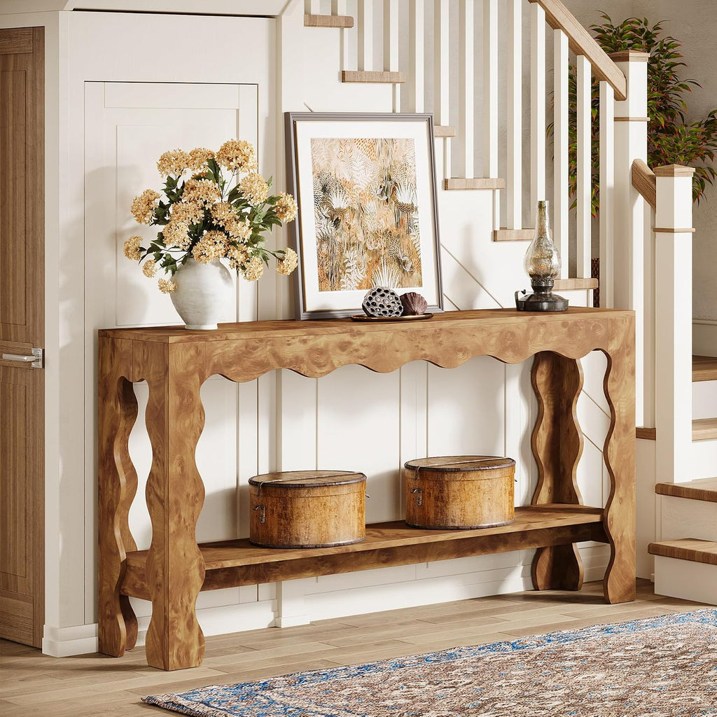 Tribesigns 63 Inch Entryway Table, Modern Rustic Entry Table with Scalloped Edge & Storage Shelf, Accent Narrow Long Sofa Table Behind Couch Console Tables for Entryway, Living Room, Light Brown