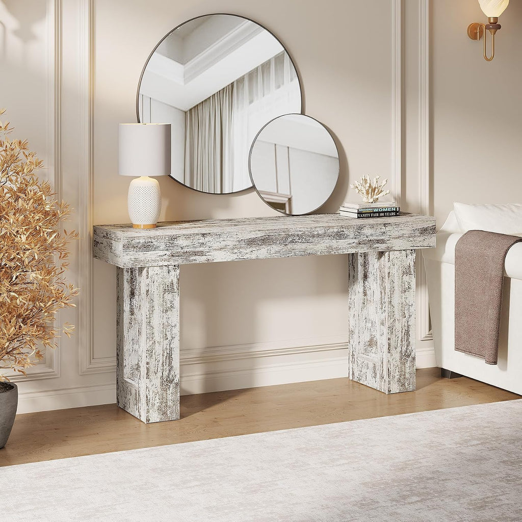 Tribesigns 63-Inch Long Console Table, Wooden Rectangular Sofa Table Behind The Couch, Farmhouse Entryway Table for Entrance, Hallway, Living Room (Distressed White)