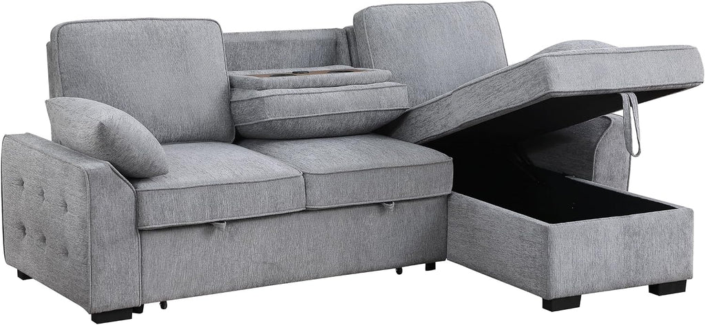 ERYE L-Shaped Pull Out Sleeper Couch Bed, Modern Chenille Upholstered Button Tufted Corner Couch Reversible Sectional Sleeper Sofa Bed W/Storage Chaise, Cup Holders