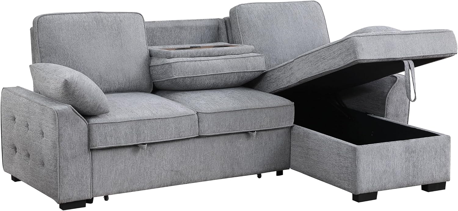 ERYE L-Shaped Pull Out Sleeper Couch Bed, Modern Chenille Upholstered Button Tufted Corner Couch Reversible Sectional Sleeper Sofa Bed W/Storage Chaise, Cup Holders