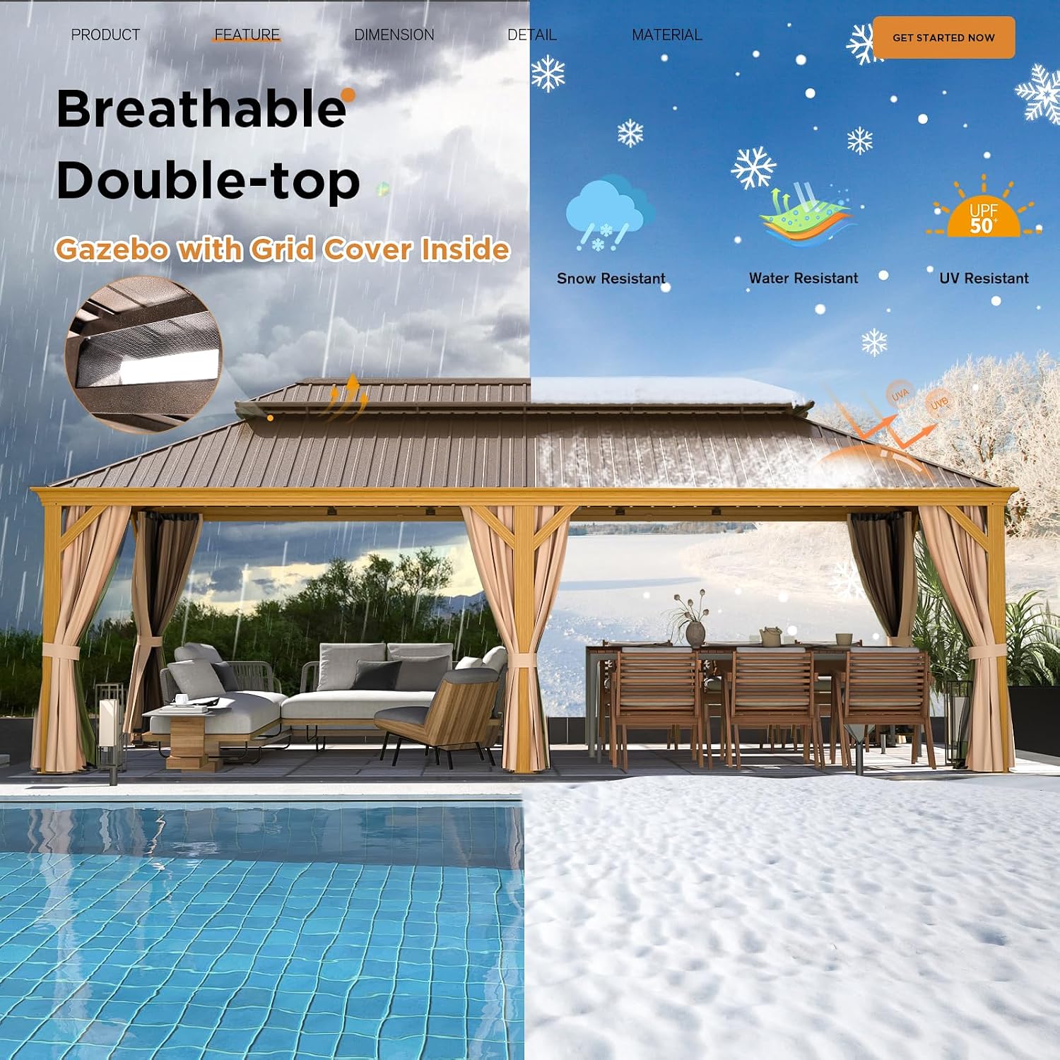 YOLENY 12' x 24' Gazebo, Wood Grain Aluminum Frame Pergola with Double Galvanized Steel Roof, Outdoor Permanent Metal Pavilion with Curtains and Nettings for Patio, Backyard and Deck