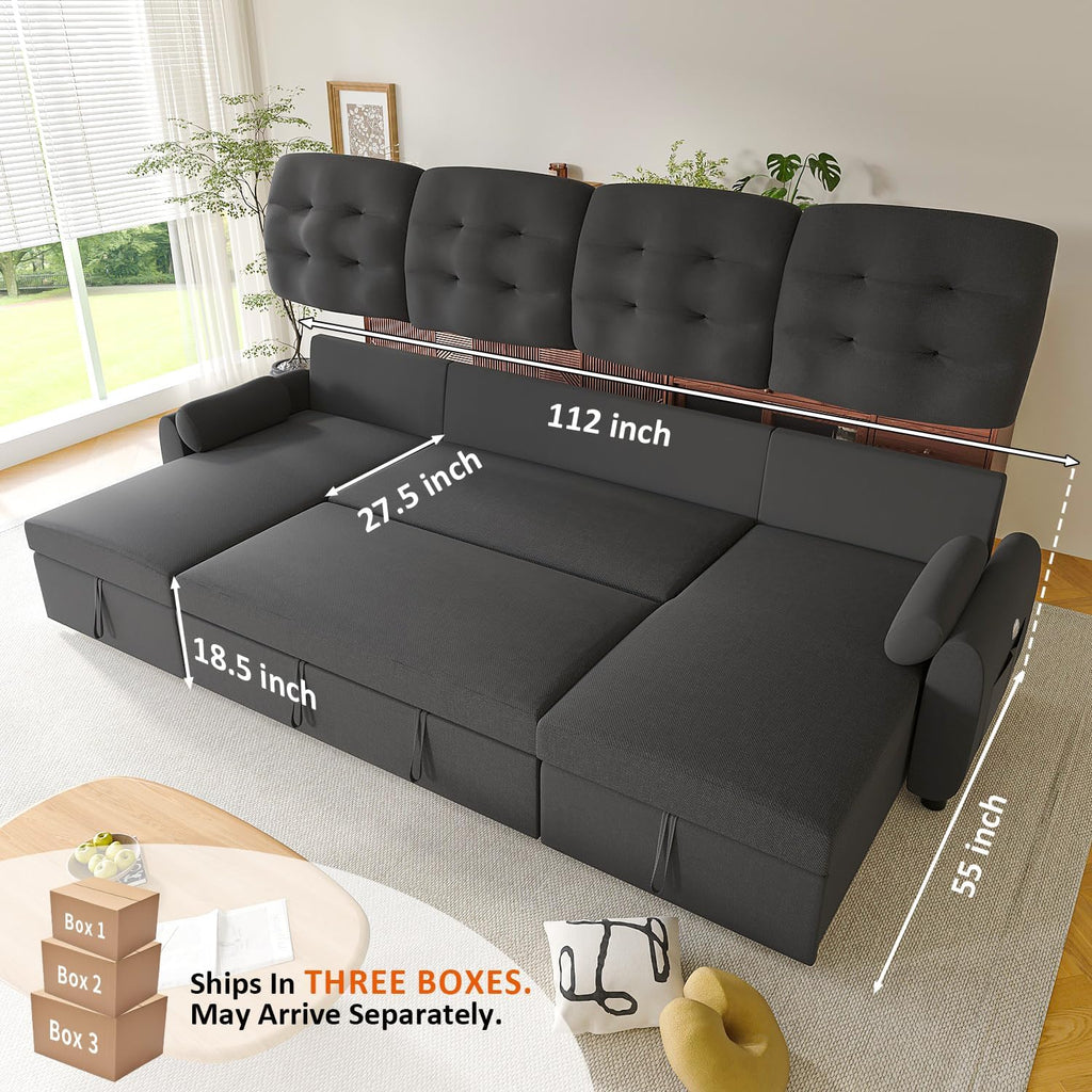 Ucloveria Sleeper Sofa Bed, 112' U Shaped Sectional Sofa Couches for Living Room, Pull Out Couch Bed with Dual Reversible Storage Chaise | Charging Station | Side Pockets | Removable Backrest