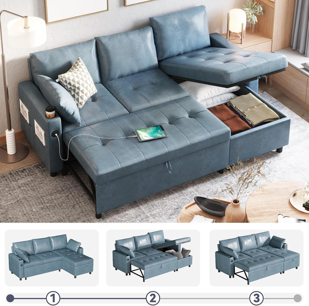 Esright Leather Sleeper Sofa, Pull Out Couch with Reversible Chaise, Suede Leather Sleeper Sofa with Storage, USB, Cup Holder, Pullout Sectional Couches for Living Room Apartment, Blue | Sofa with Storage, Reversible Chaise, USB Port