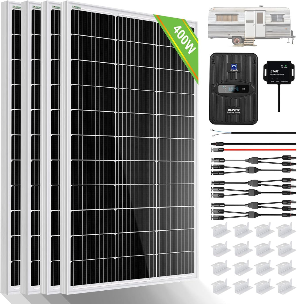 ECO-WORTHY 400 Watt 12 Volt Premium Solar Panel Kit :4pcs 100W Solar Panel+ 40A MPPT Charge Controller+ Bluetooth Module+ Mounting Z Brackets, 400W 12V Solar Power Off Grid System for Home, RV, Boat.