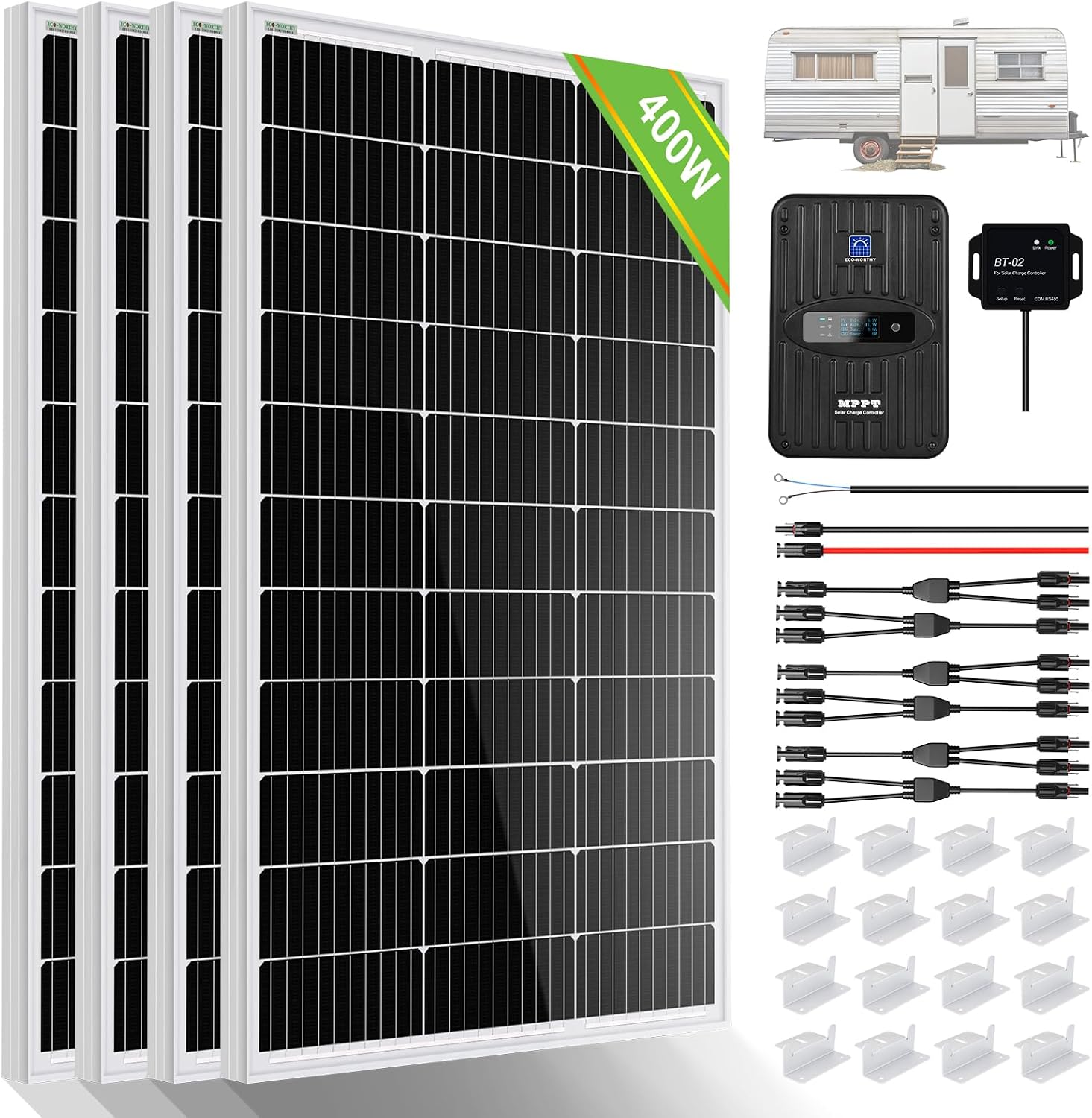 ECO-WORTHY 400 Watt 12 Volt Premium Solar Panel Kit :4pcs 100W Solar Panel+ 40A MPPT Charge Controller+ Bluetooth Module+ Mounting Z Brackets, 400W 12V Solar Power Off Grid System for Home, RV, Boat.