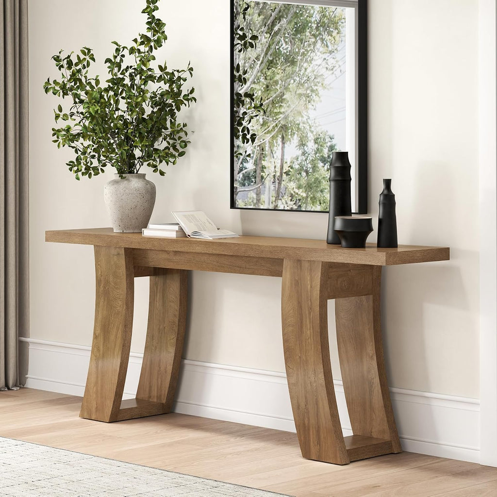 Epecoya 70.9-Inch Wood Console Table for Entryway Living Room, Extra Long Rectangular Natural Sofa Tables with Farmhouse Wooden Curved Base for Home Hallway Couch Foyer Entrance, Light Brown Oak