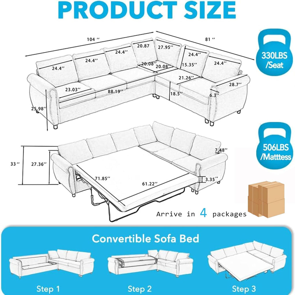 Sleeper Sofa Bed, Pull Out Couch with Mattress, 104'' 6 Seater Upholstery Sectional Couches, Modern Comfy L Shape Sofa Couch, Living Room Furniture for Living Room, Apartment, Studio, Grey
