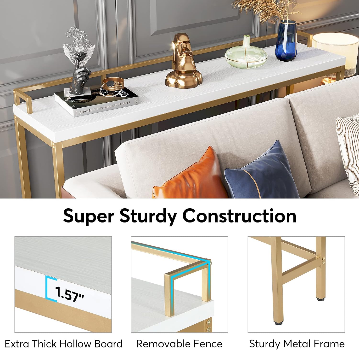 Tribesigns 70.9 inch Extra Long Sofa Table, Narrow Console Table Behind Couch, Modern Entryway Table Skinny Hallway Table for Living Room (White+Gold)