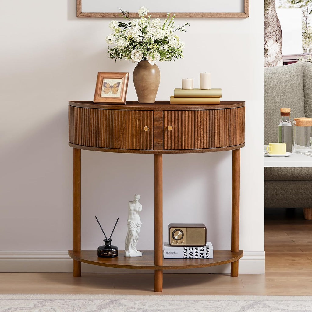 XUZENEST Fluted Half Moon Console Table, Modern Small Entry Sofa Table with Storage, Solid Wood Legs Narrow Entryway Table for Living Room, Hallway, Foyer(Walnut)